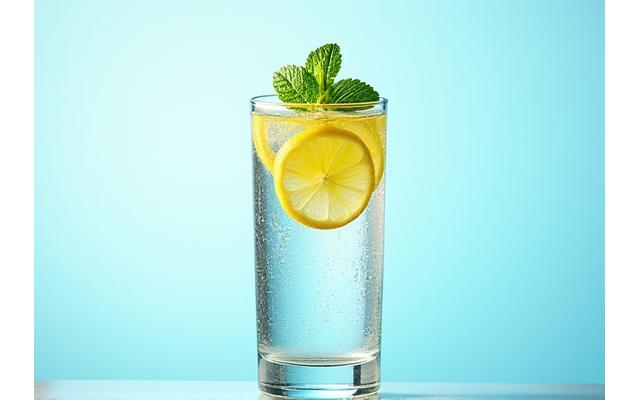 Vaso de agua fresca con rodajas de limón y menta