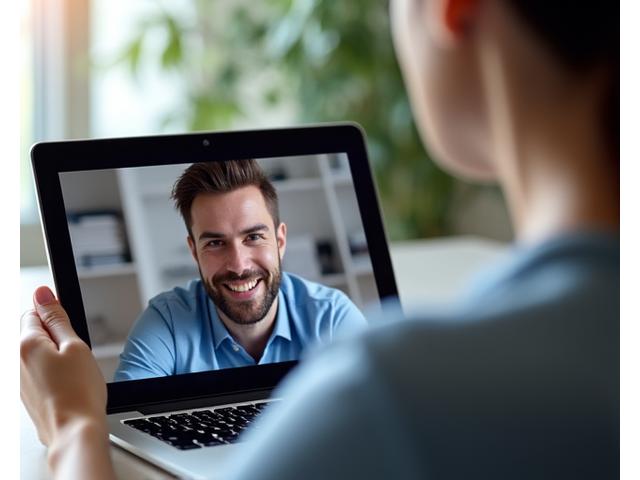 Imagen de consultas online: persona utilizando un ordenador para una videollamada